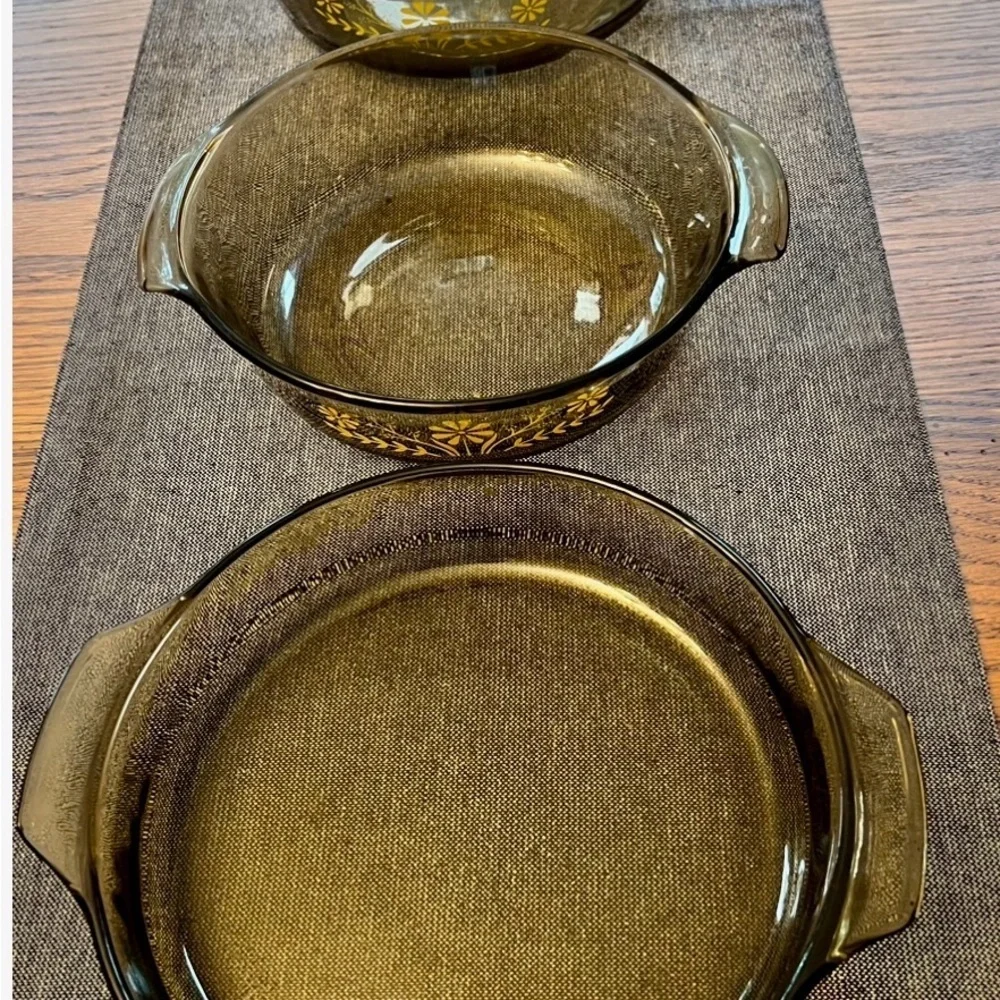 Vintage Set 3 Glass bake Jeanette Amber  Yellow Daisy Ovenware